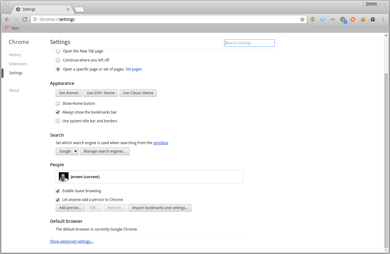 Chrome open settings page