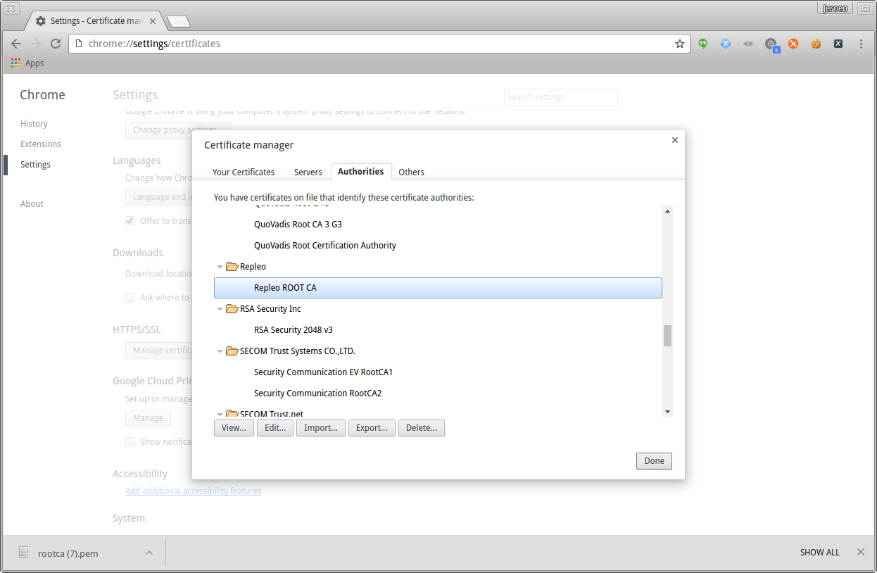 Chrome certificate is added to authorities list